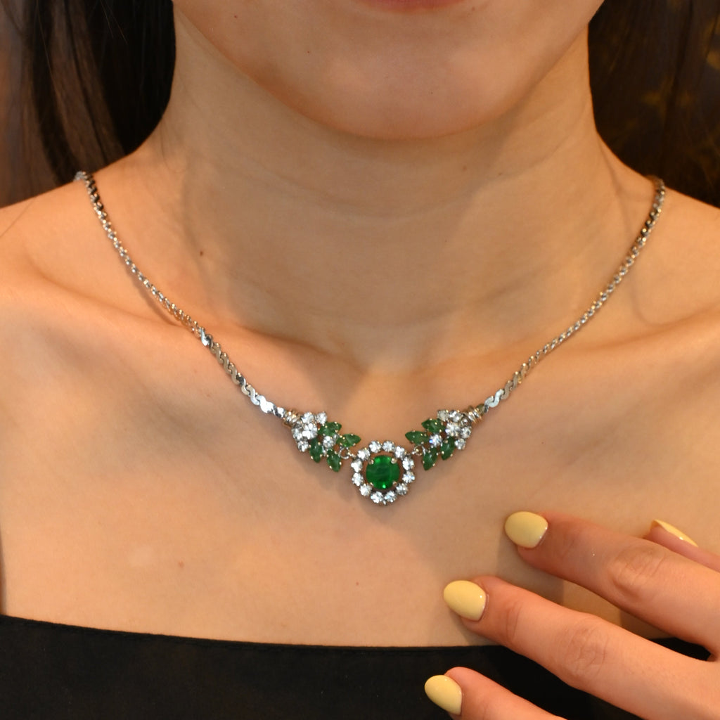 Christian Dior Necklace Green Rhinestone Silver
