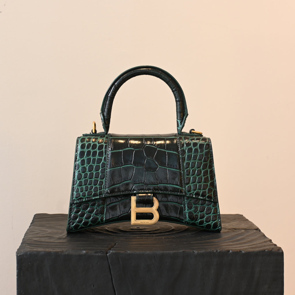 Balenciaga XS Crocodile Embossed Hourglass Top Handle Bag