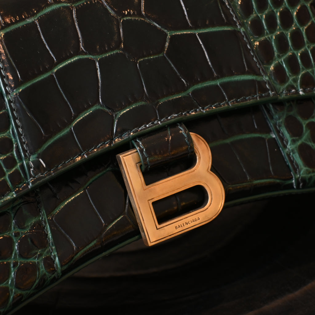 Balenciaga XS Crocodile Embossed Hourglass Top Handle Bag
