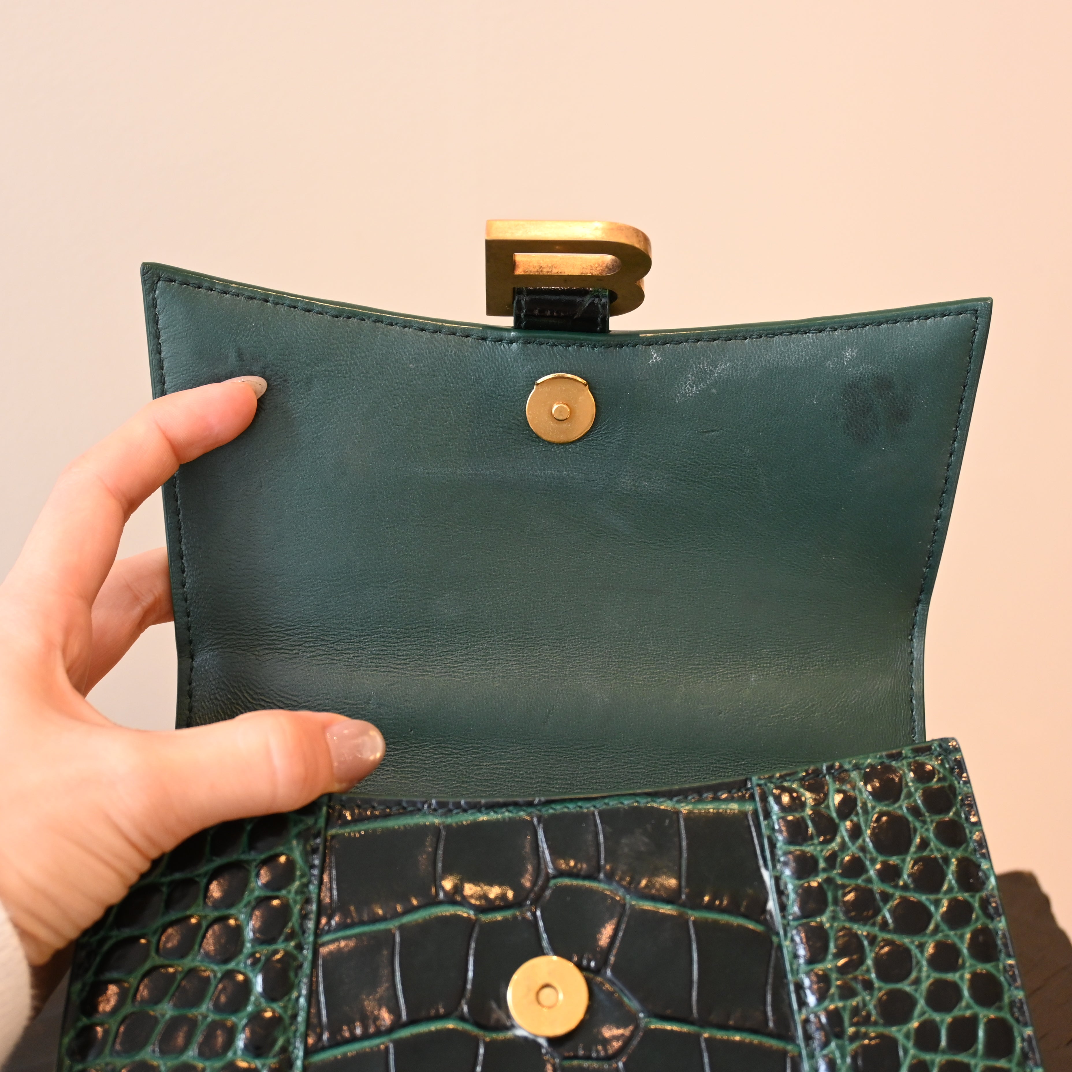 Balenciaga XS Crocodile Embossed Hourglass Top Handle Bag
