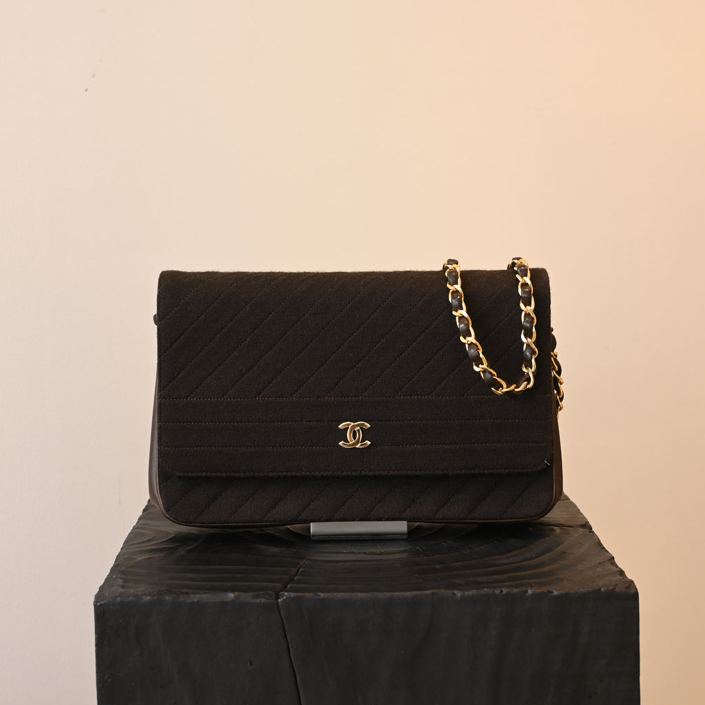 Chanel Bias Stitching Cotton x Lambskin Chain Shoulder Bag Brown
