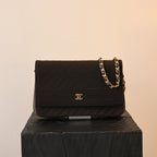 Chanel Bias Stitching Cotton x Lambskin Chain Shoulder Bag Brown