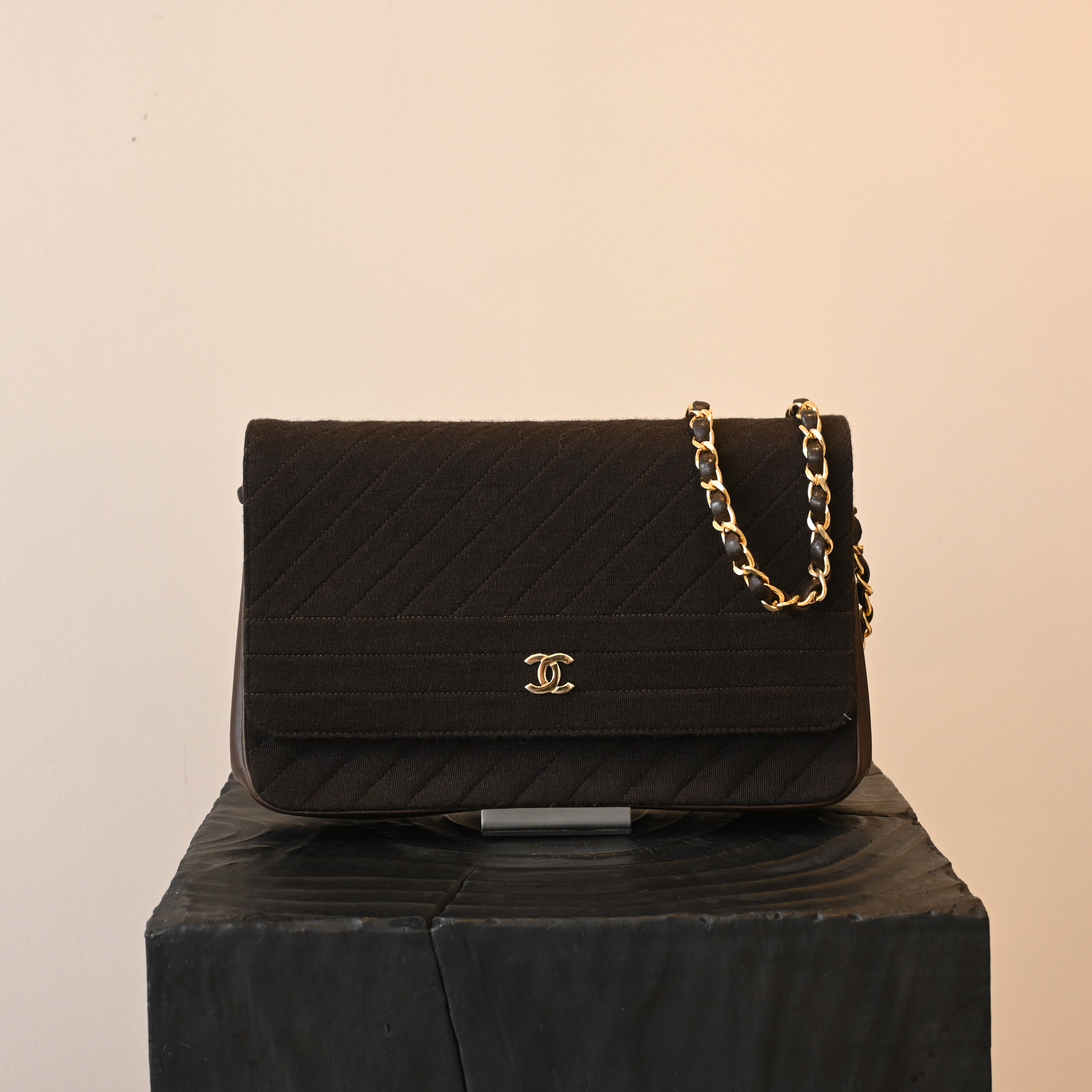 Chanel Bias Stitching Cotton x Lambskin Chain Shoulder Bag Brown