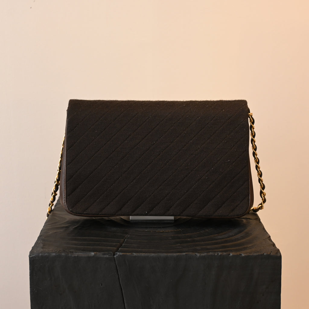 Chanel Bias Stitching Cotton x Lambskin Chain Shoulder Bag Brown