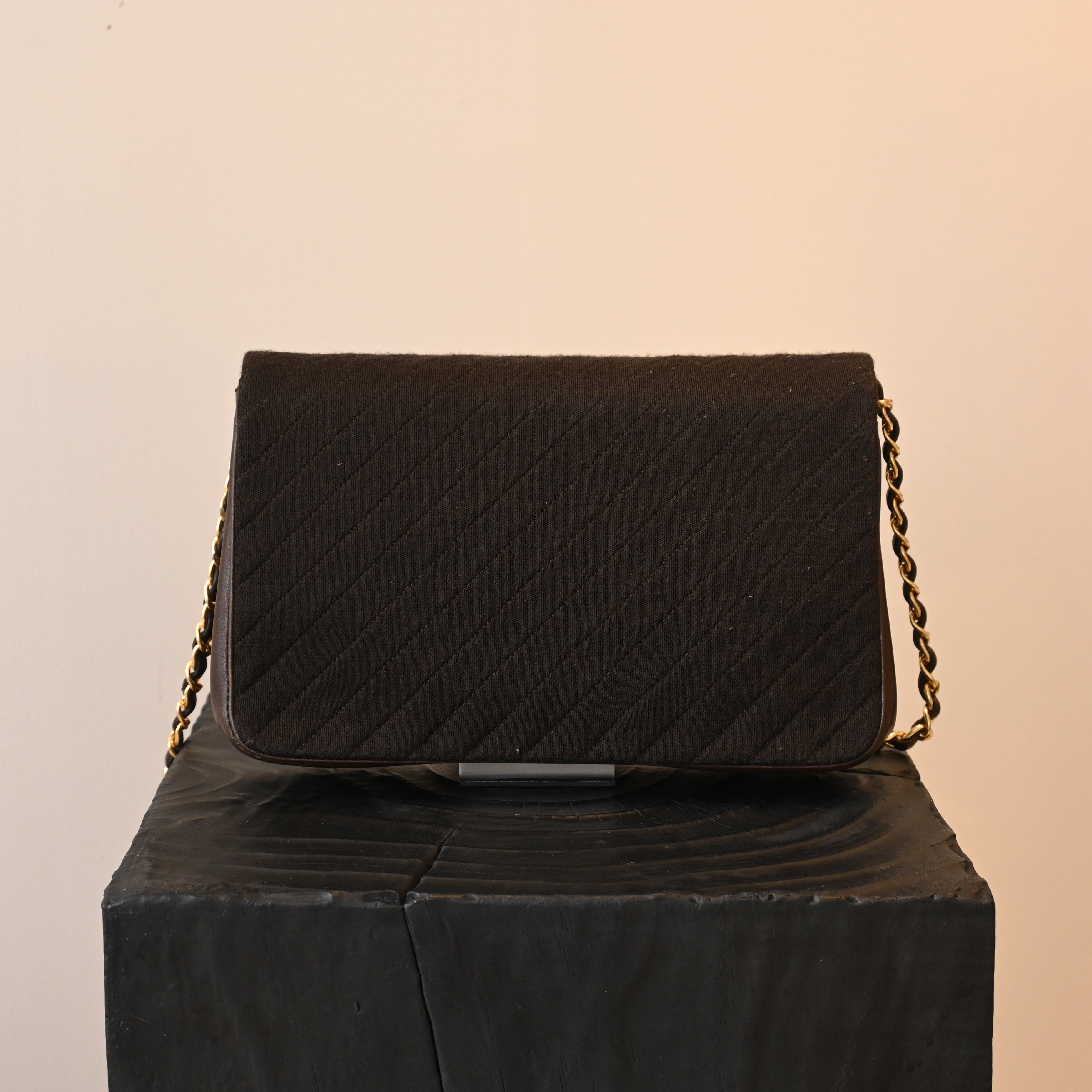 Chanel Bias Stitching Cotton x Lambskin Chain Shoulder Bag Brown