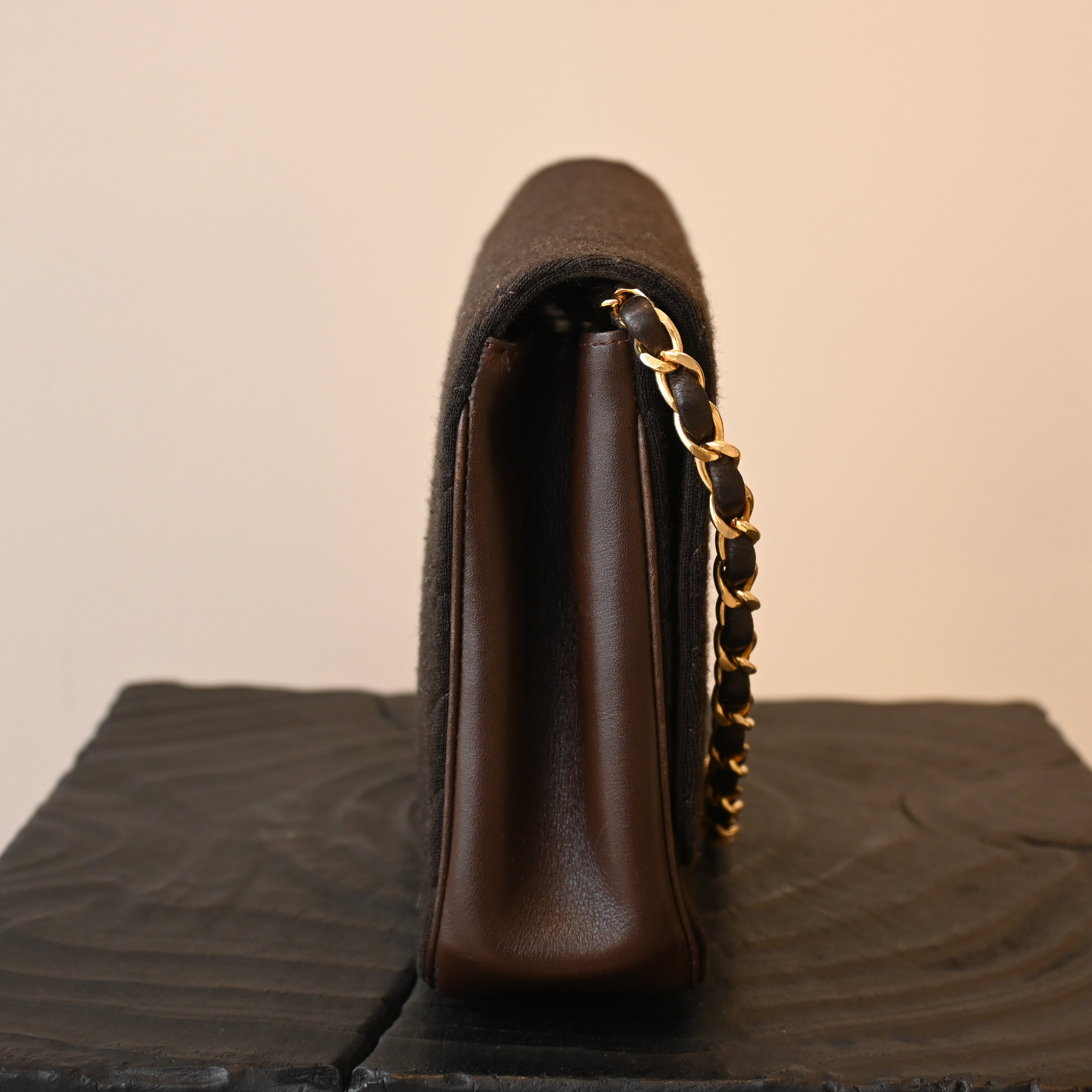 Chanel Bias Stitching Cotton x Lambskin Chain Shoulder Bag Brown
