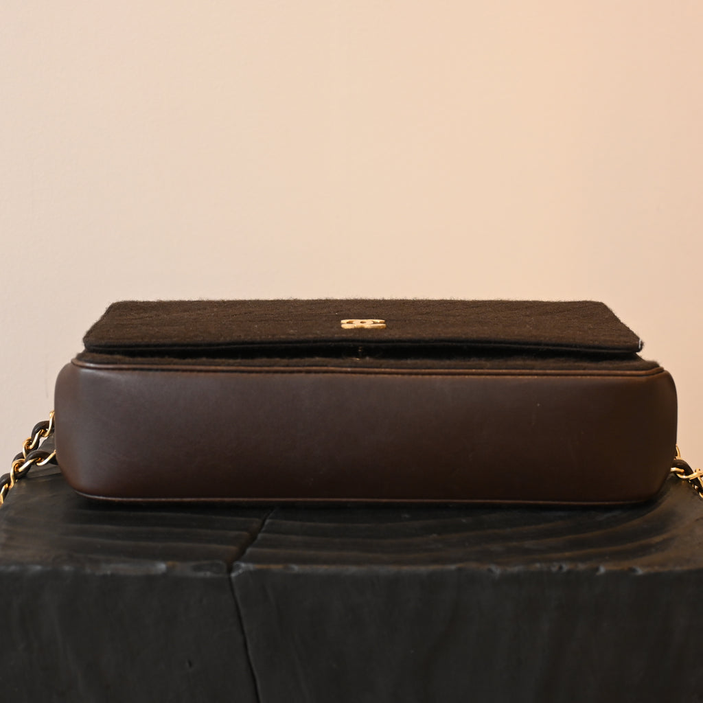 Chanel Bias Stitching Cotton x Lambskin Chain Shoulder Bag Brown