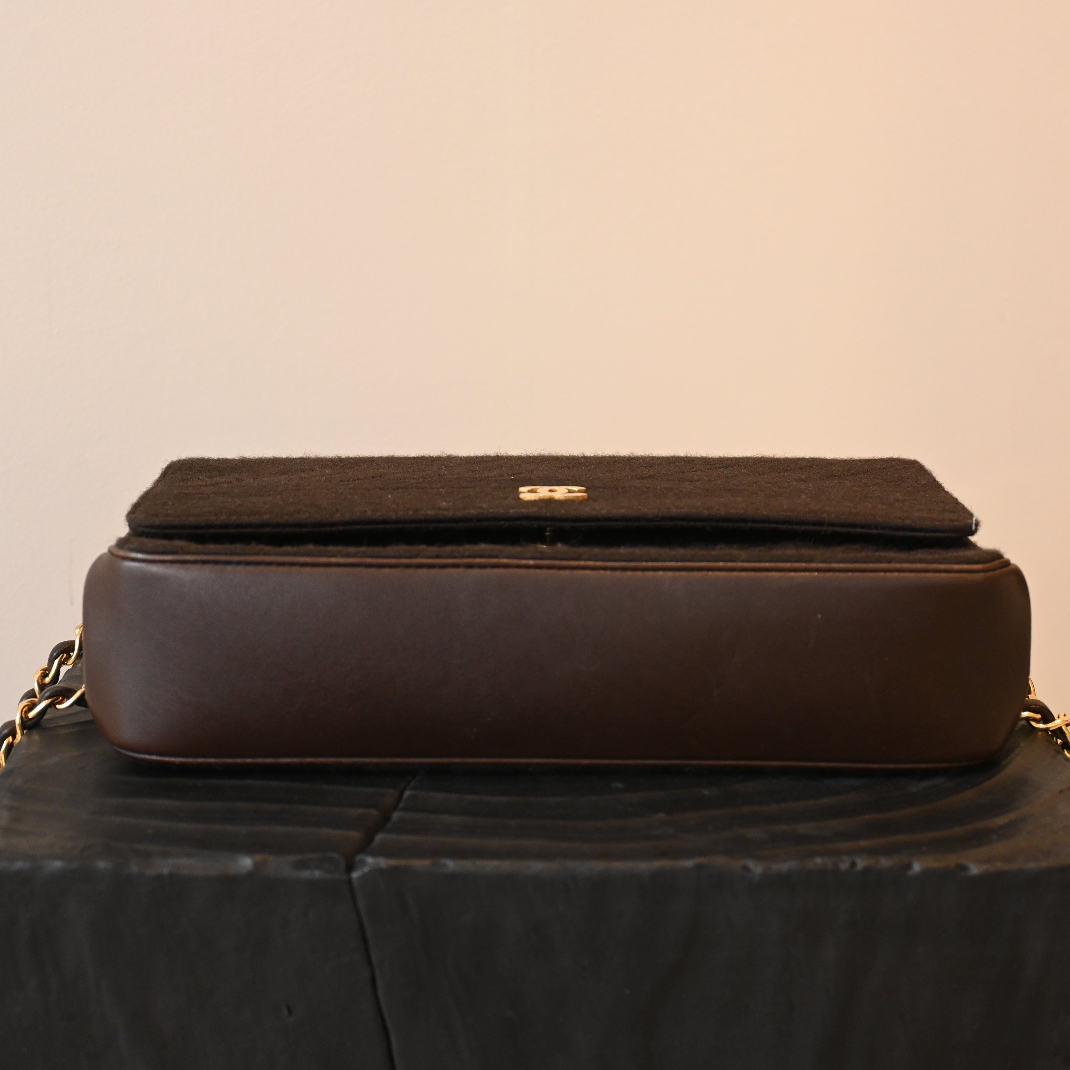 Chanel Bias Stitching Cotton x Lambskin Chain Shoulder Bag Brown
