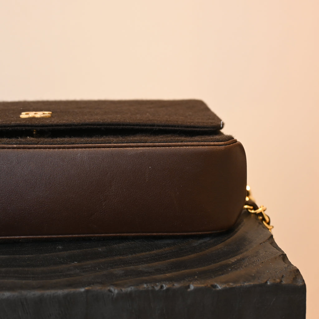 Chanel Bias Stitching Cotton x Lambskin Chain Shoulder Bag Brown