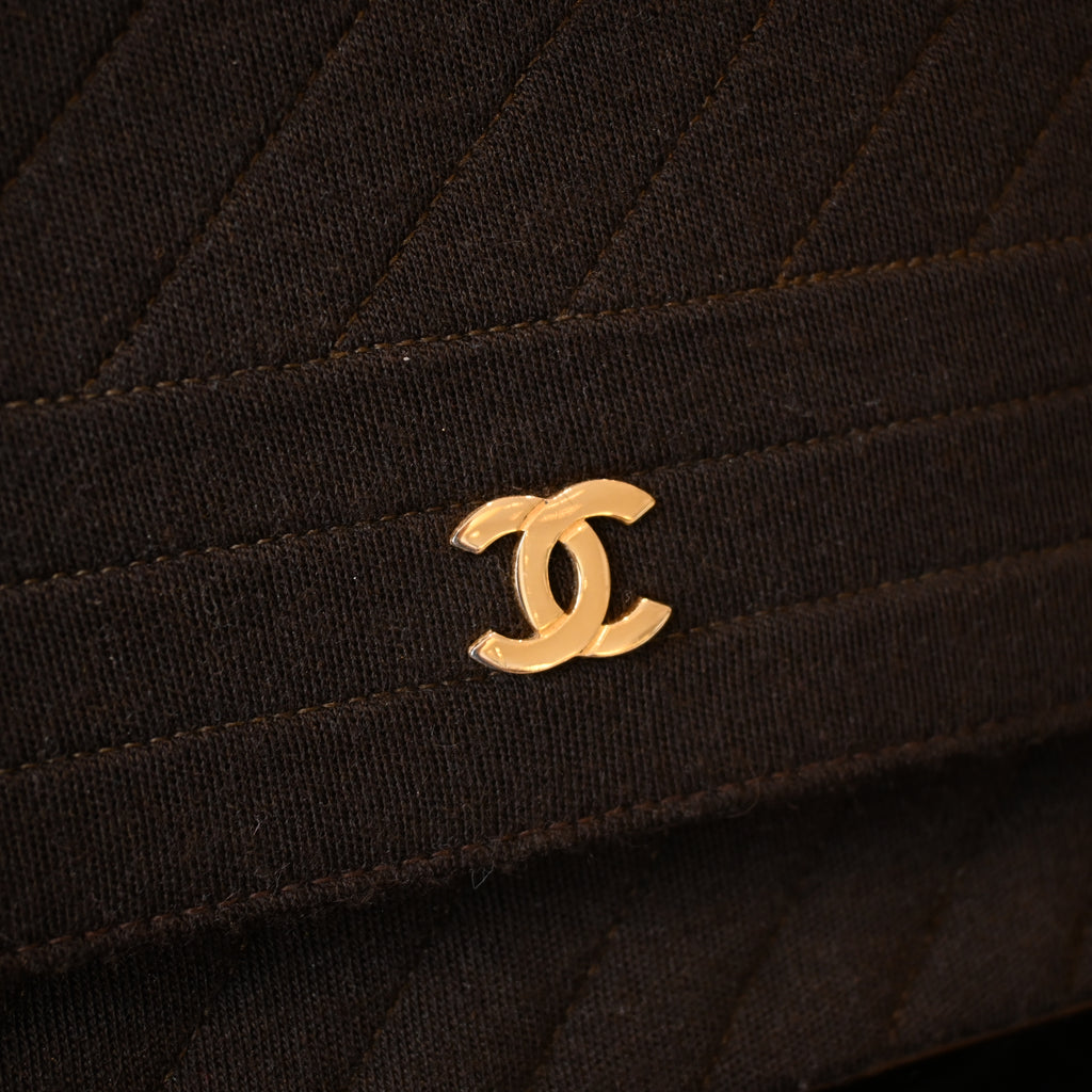 Chanel Bias Stitching Cotton x Lambskin Chain Shoulder Bag Brown