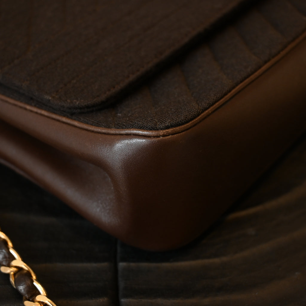 Chanel Bias Stitching Cotton x Lambskin Chain Shoulder Bag Brown