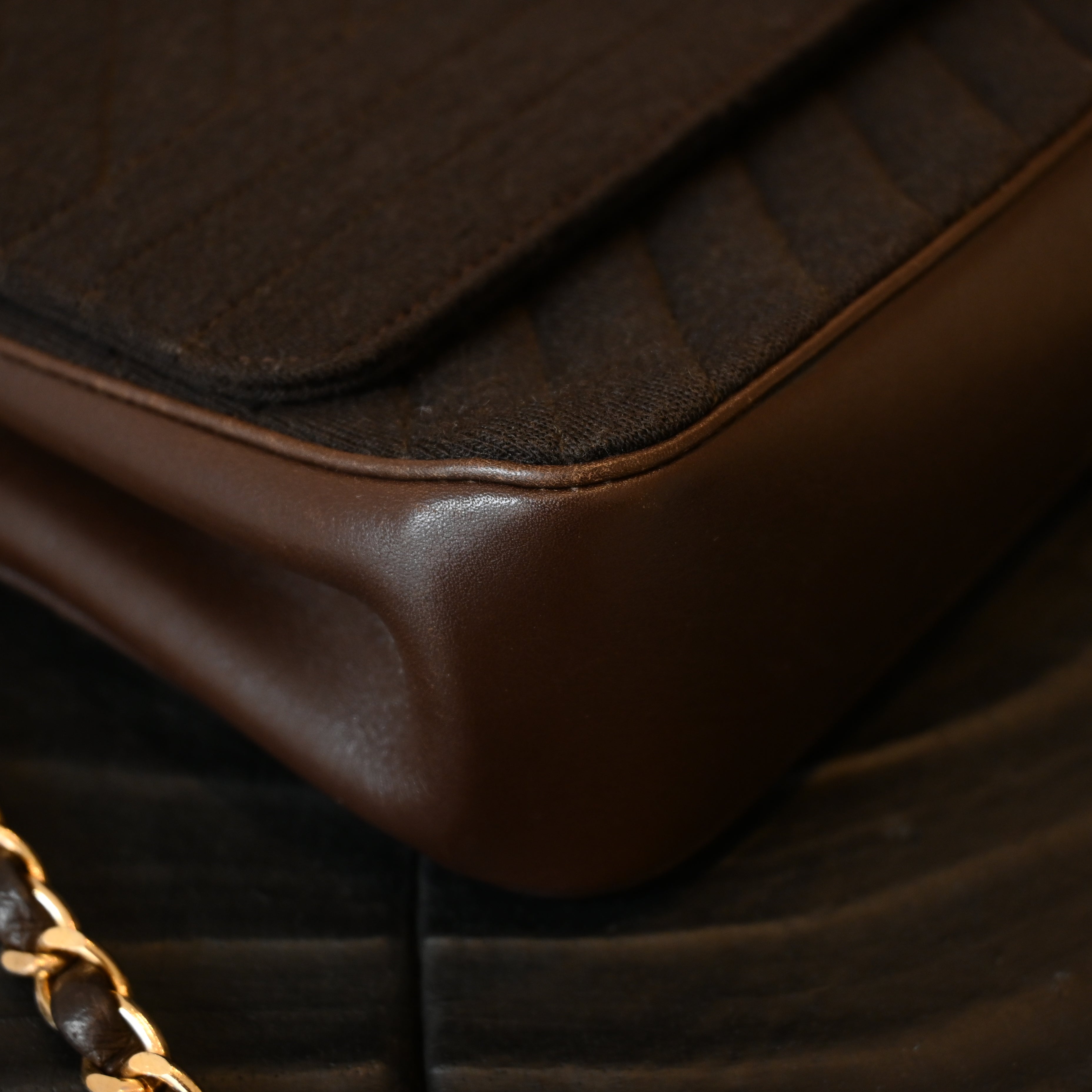Chanel Bias Stitching Cotton x Lambskin Chain Shoulder Bag Brown