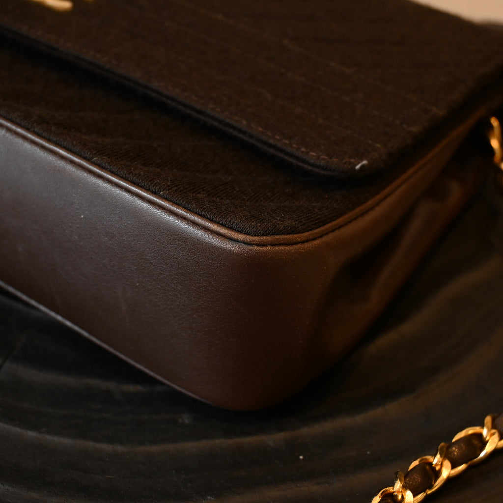 Chanel Bias Stitching Cotton x Lambskin Chain Shoulder Bag Brown