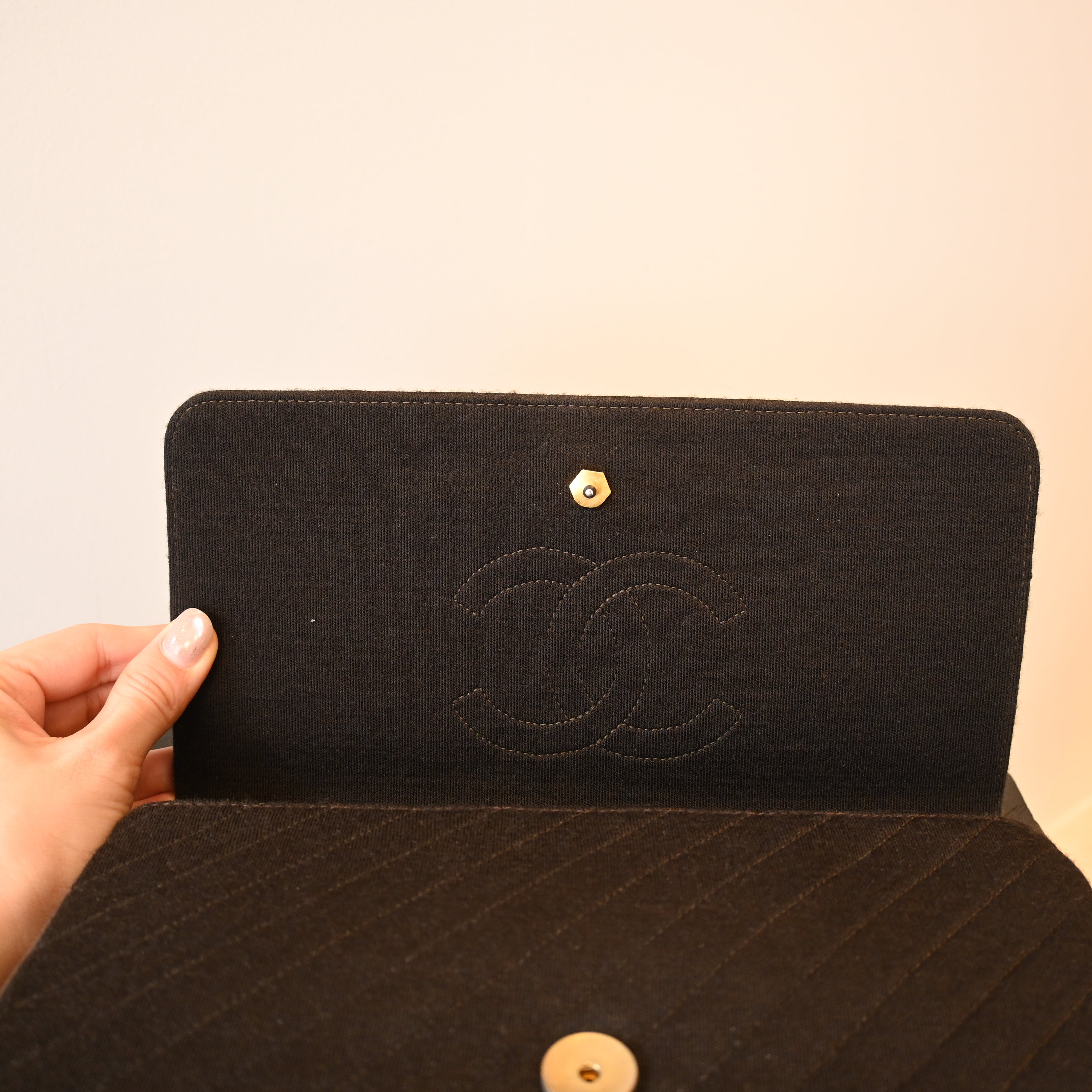 Chanel Bias Stitching Cotton x Lambskin Chain Shoulder Bag Brown