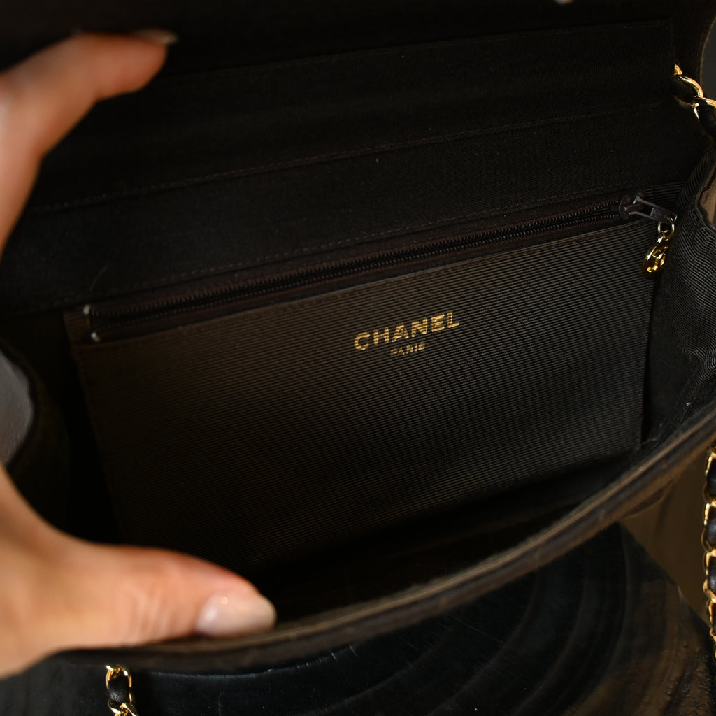 Chanel Bias Stitching Cotton x Lambskin Chain Shoulder Bag Brown