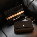 Chanel Bias Stitching Cotton x Lambskin Chain Shoulder Bag Brown
