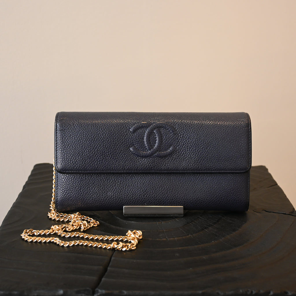 Chanel Coco Mark Caviar Skin Long Wallet Navy