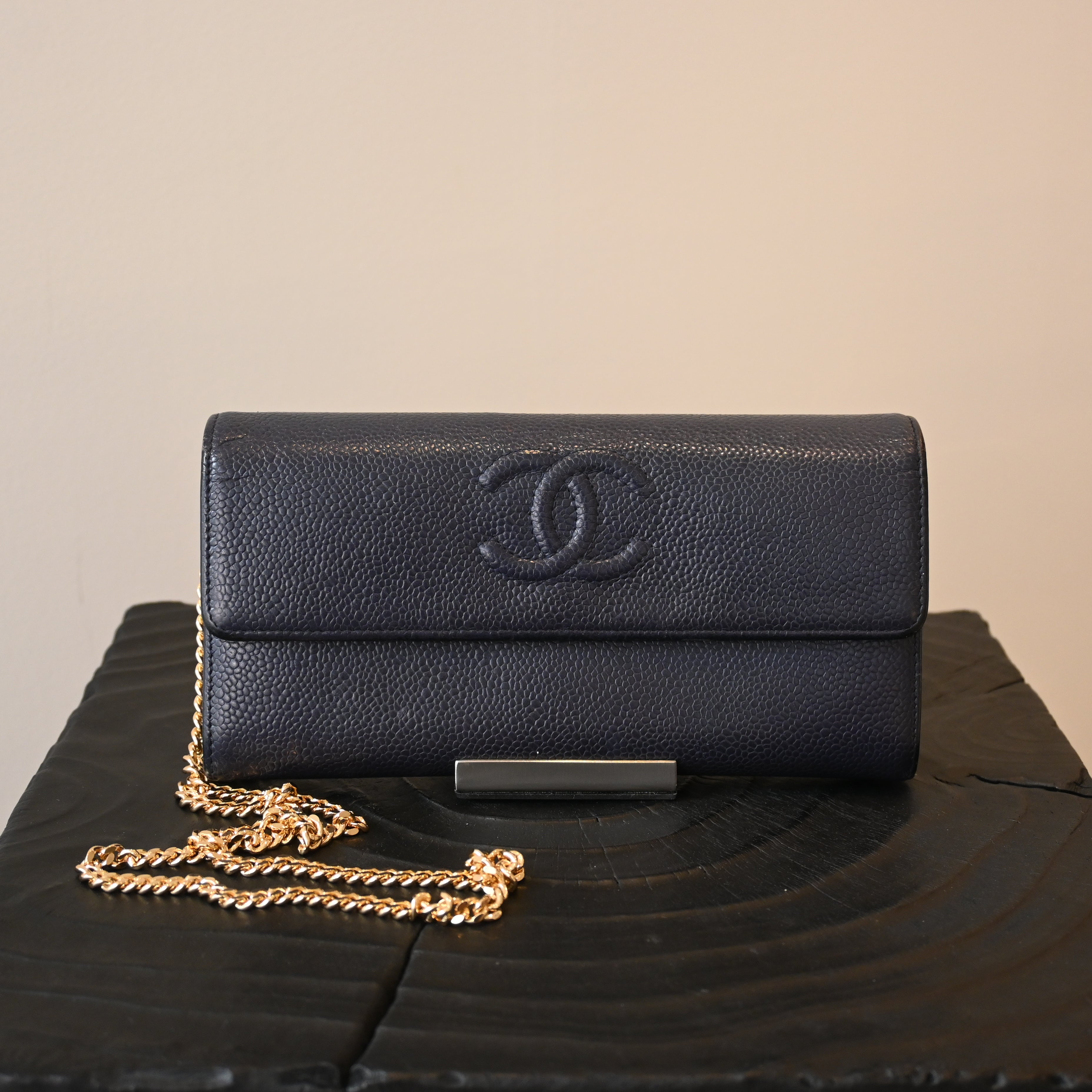 Chanel Coco Mark Caviar Skin Long Wallet Navy