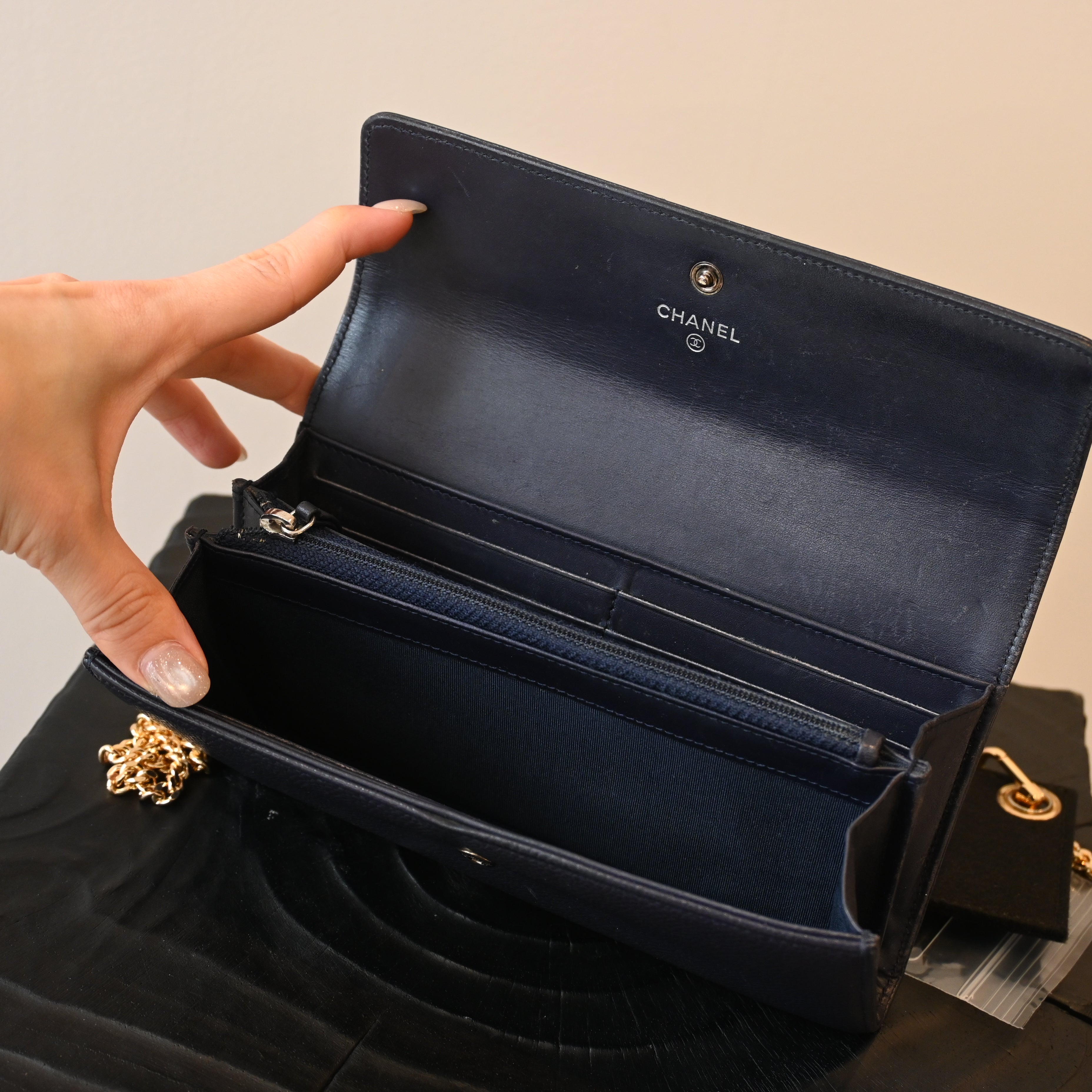 Chanel Coco Mark Caviar Skin Long Wallet Navy