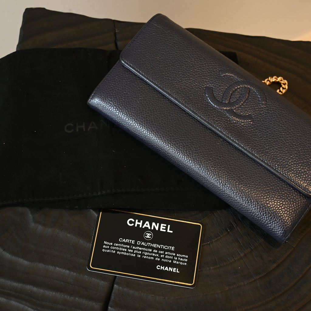 Chanel Coco Mark Caviar Skin Long Wallet Navy