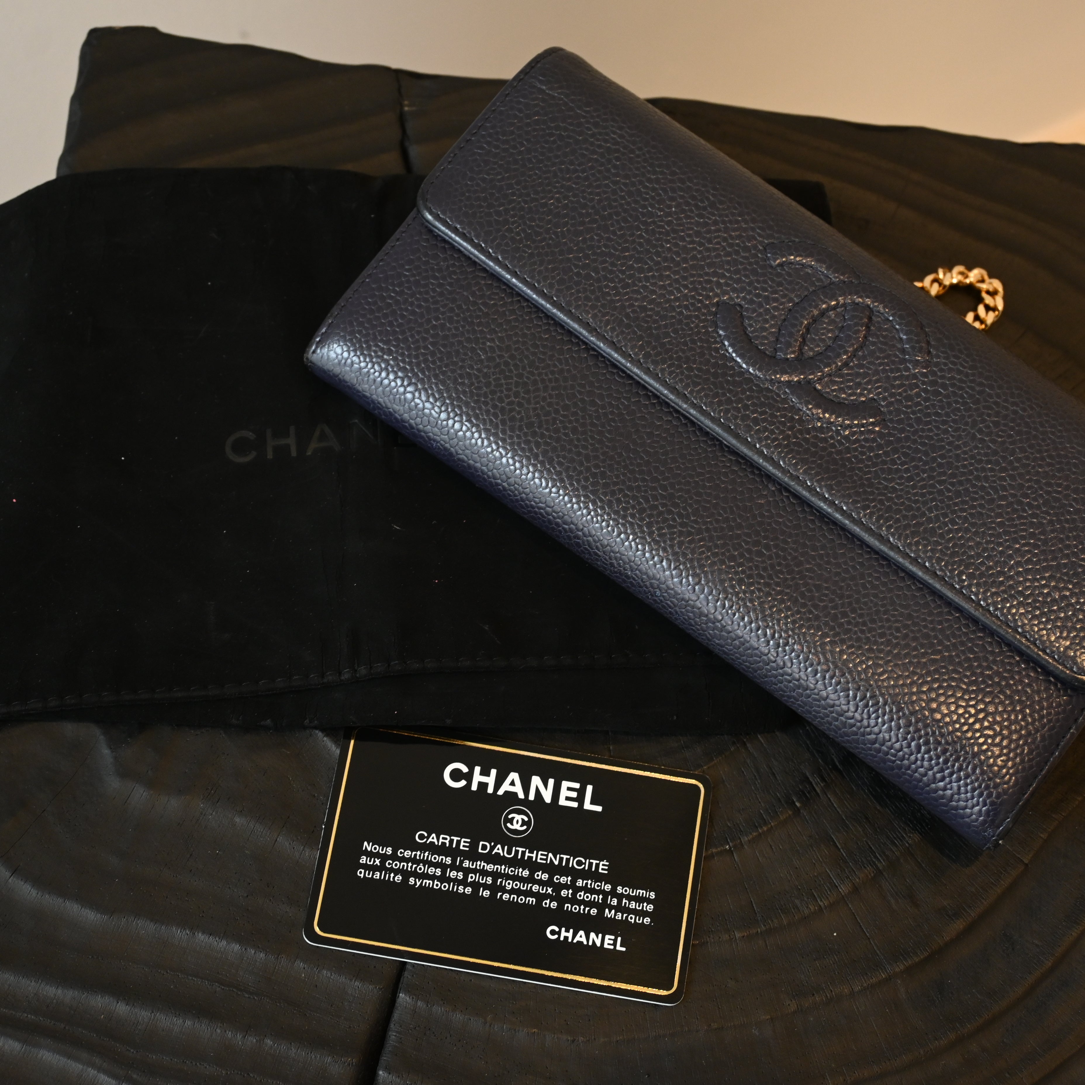 Chanel Coco Mark Caviar Skin Long Wallet Navy