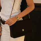 Chanel Bias Stitching Cotton x Lambskin Chain Shoulder Bag Brown