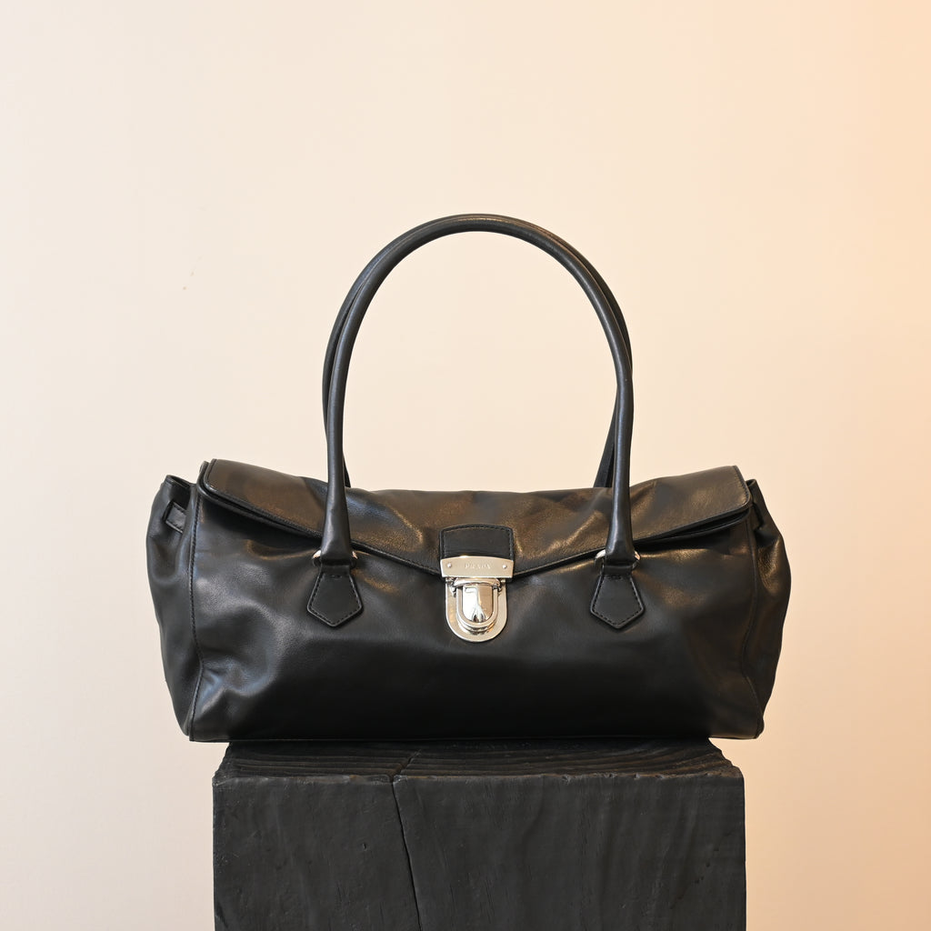 Prada Foldover Black Calfskin Baguette Bag