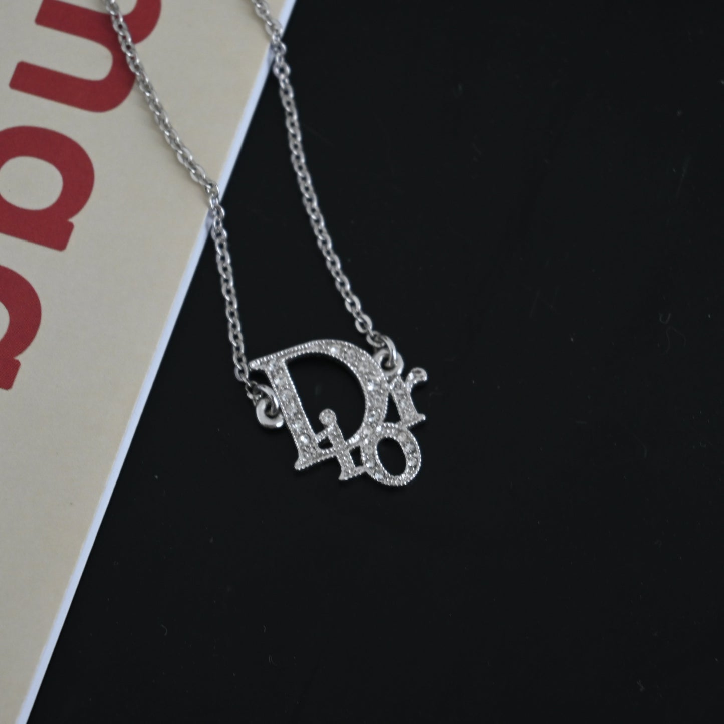 Dior Logo Necklace Rhinestone Silver