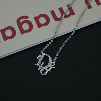 Dior Logo Necklace Rhinestone Silver