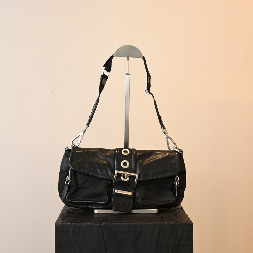 Prada Double Pocket Calfskin Nylon Shoulder Bag