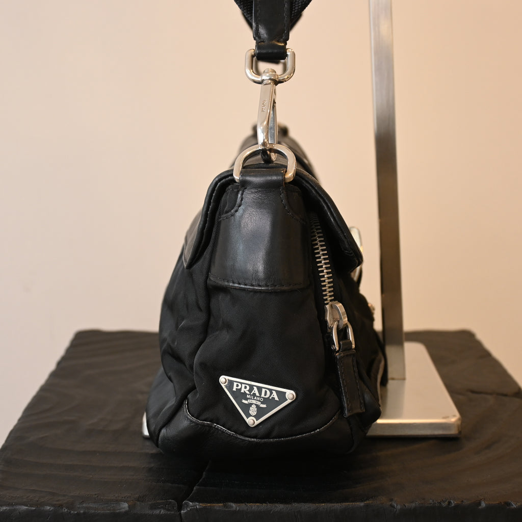Prada Double Pocket Calfskin Nylon Shoulder Bag