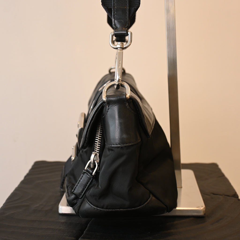 Prada Double Pocket Calfskin Nylon Shoulder Bag