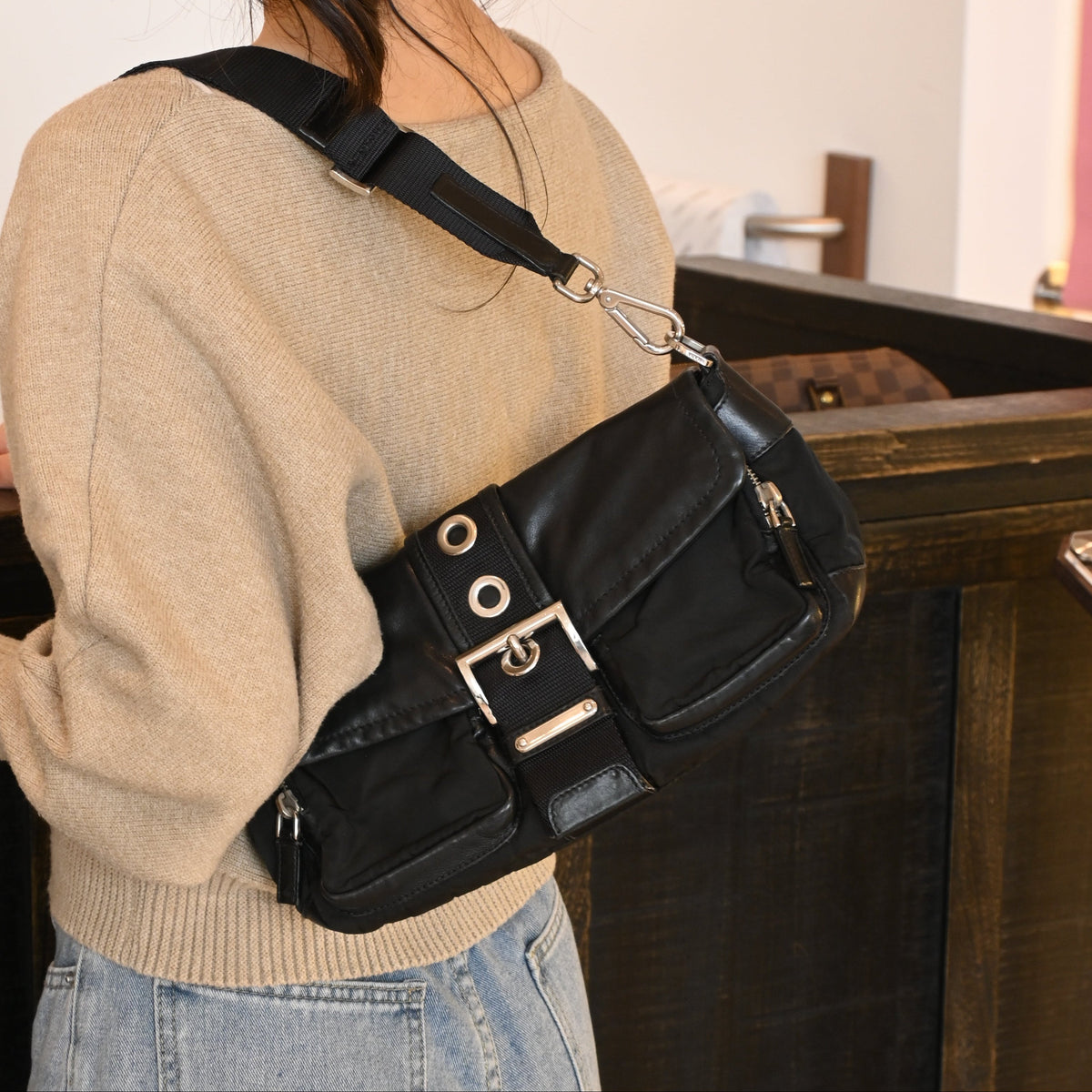 Prada Double Pocket Calfskin Nylon Shoulder Bag