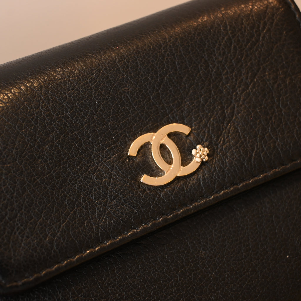 Chanel Coco Trifold Calfskin Wallet with Floral Charm Logo