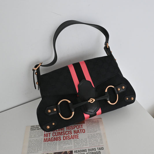 Gucci Black GG Pink Horsebit Shoulder Bag