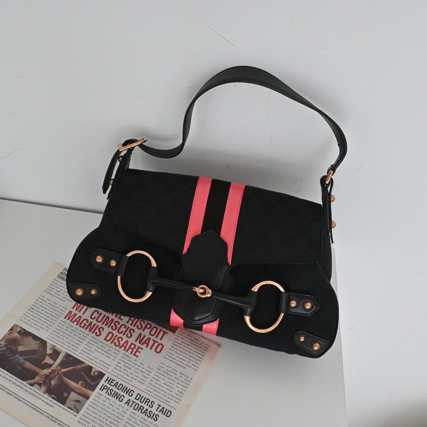 Gucci Black GG Pink Horsebit Shoulder Bag