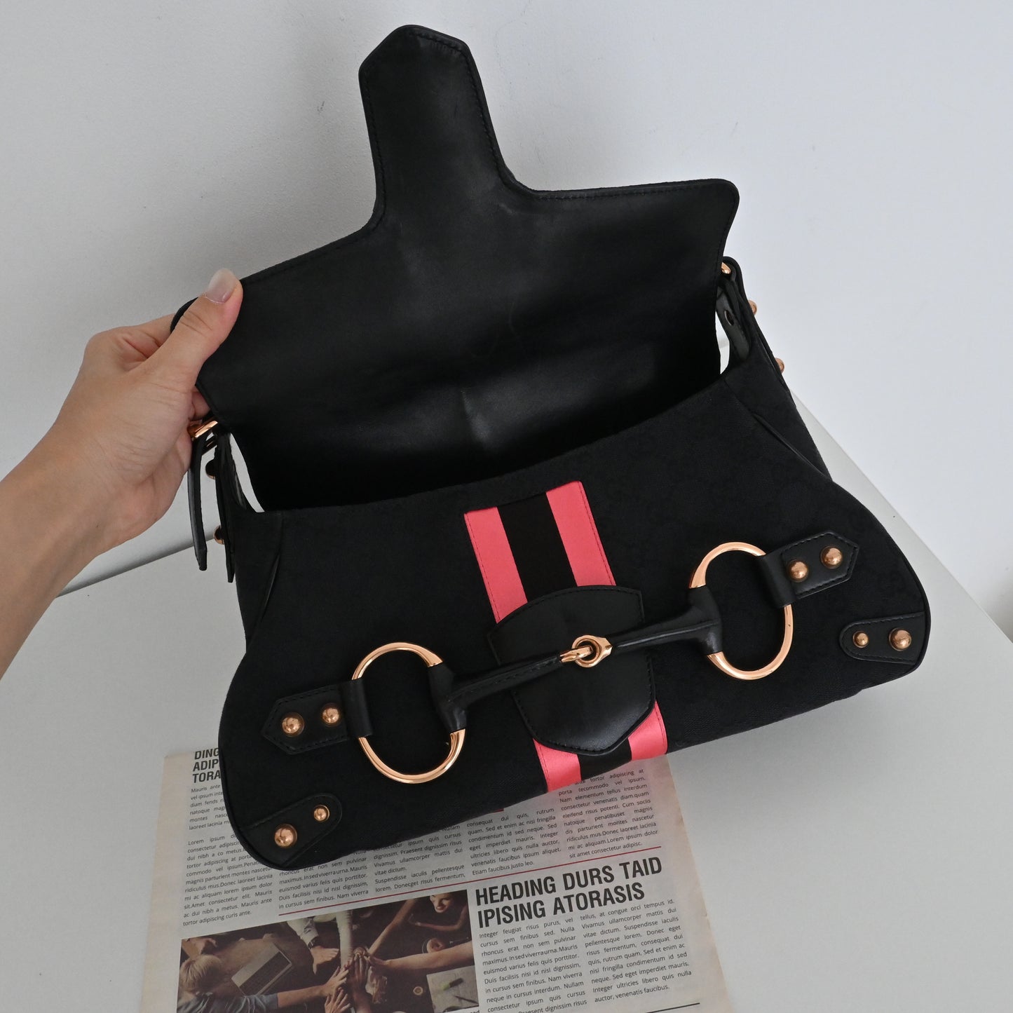 Gucci Black GG Pink Horsebit Shoulder Bag