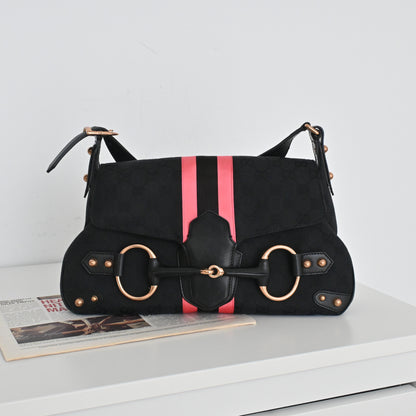 Gucci Black GG Pink Horsebit Shoulder Bag