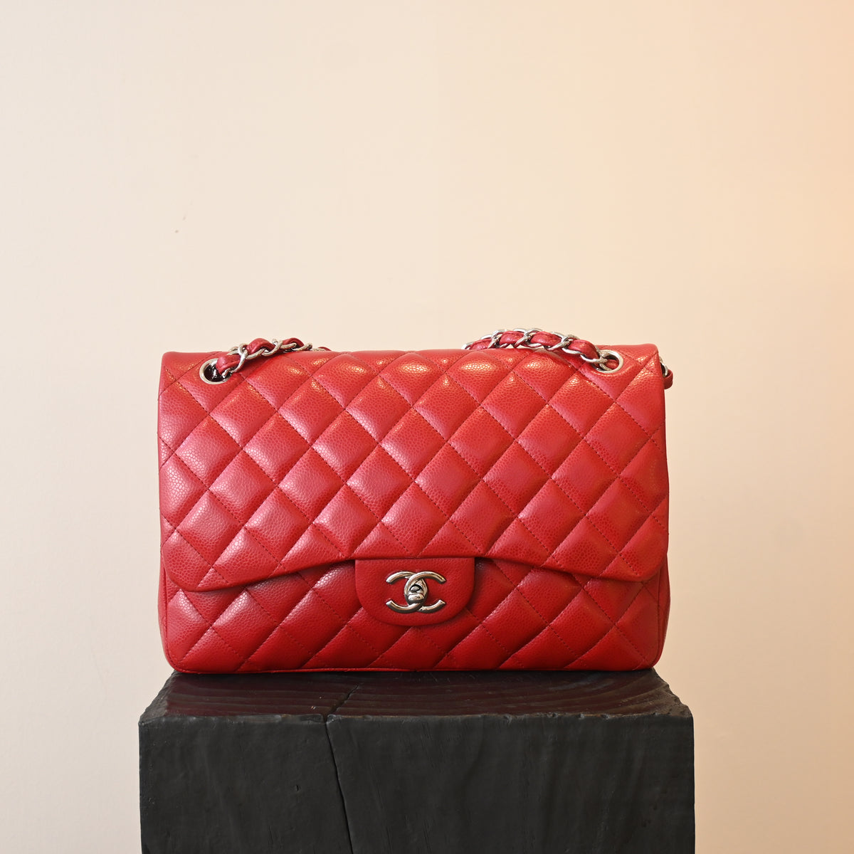Chanel Red Caviar Quilted Classic Double Flap Jumbo Bag SHW