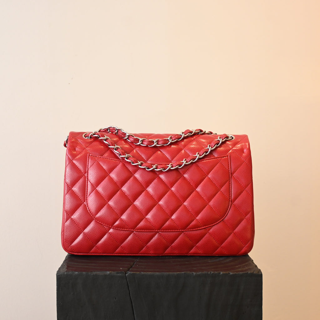 Chanel Red Caviar Quilted Classic Double Flap Jumbo Bag SHW