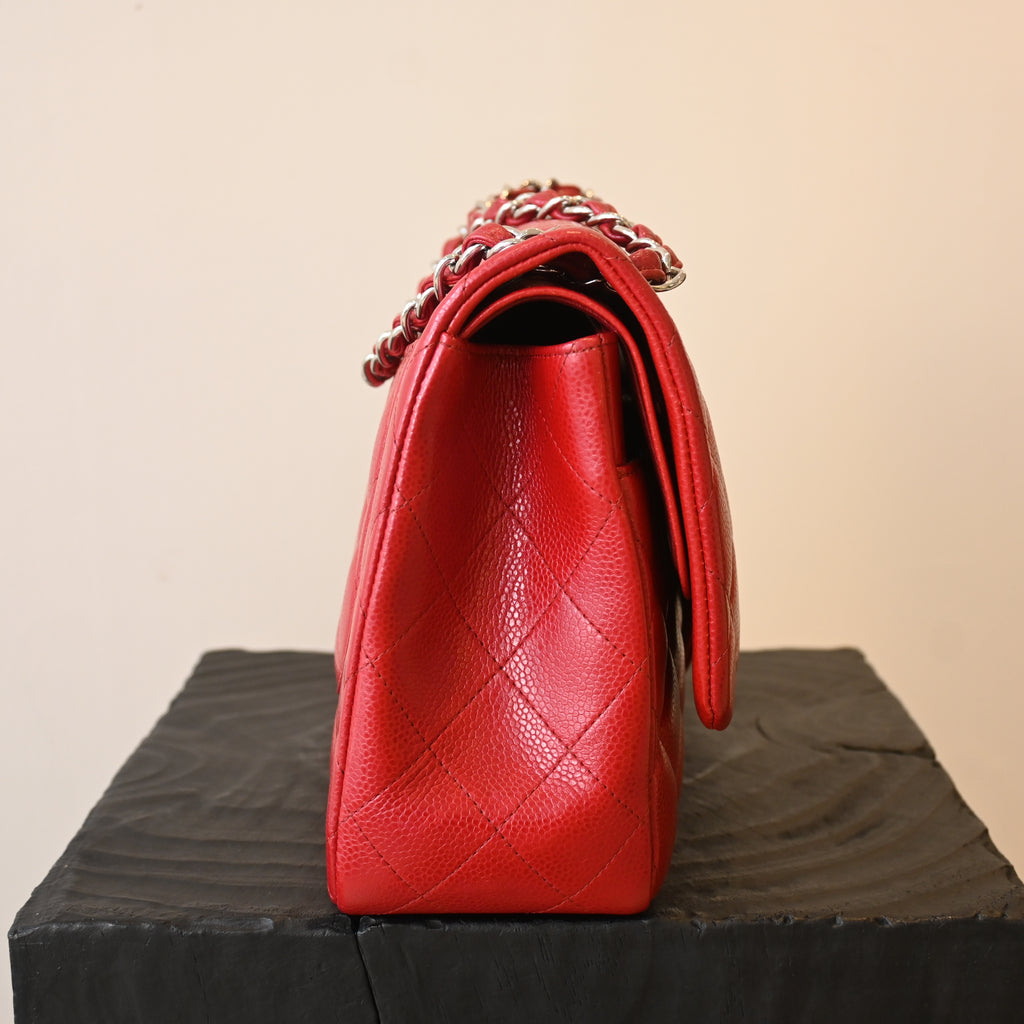 Chanel Red Caviar Quilted Classic Double Flap Jumbo Bag SHW