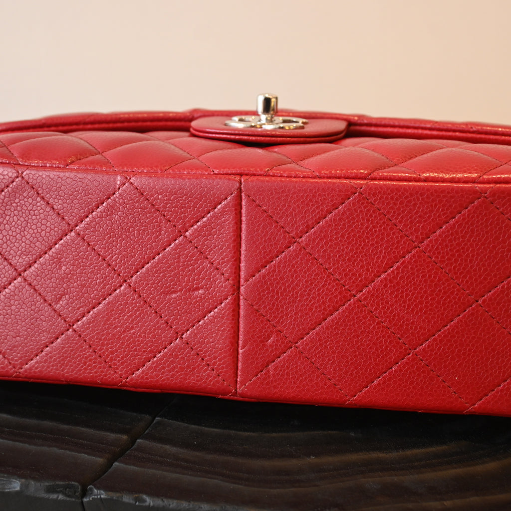 Chanel Red Caviar Quilted Classic Double Flap Jumbo Bag SHW
