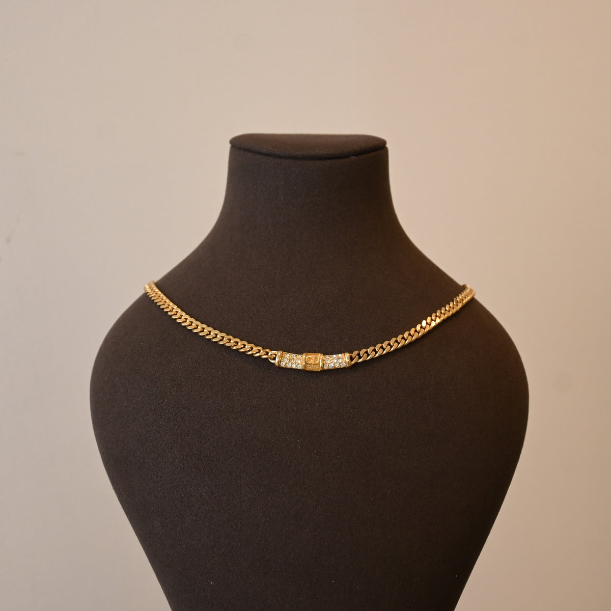 Christian Dior Cuban Link CD Necklace with Rhinestones