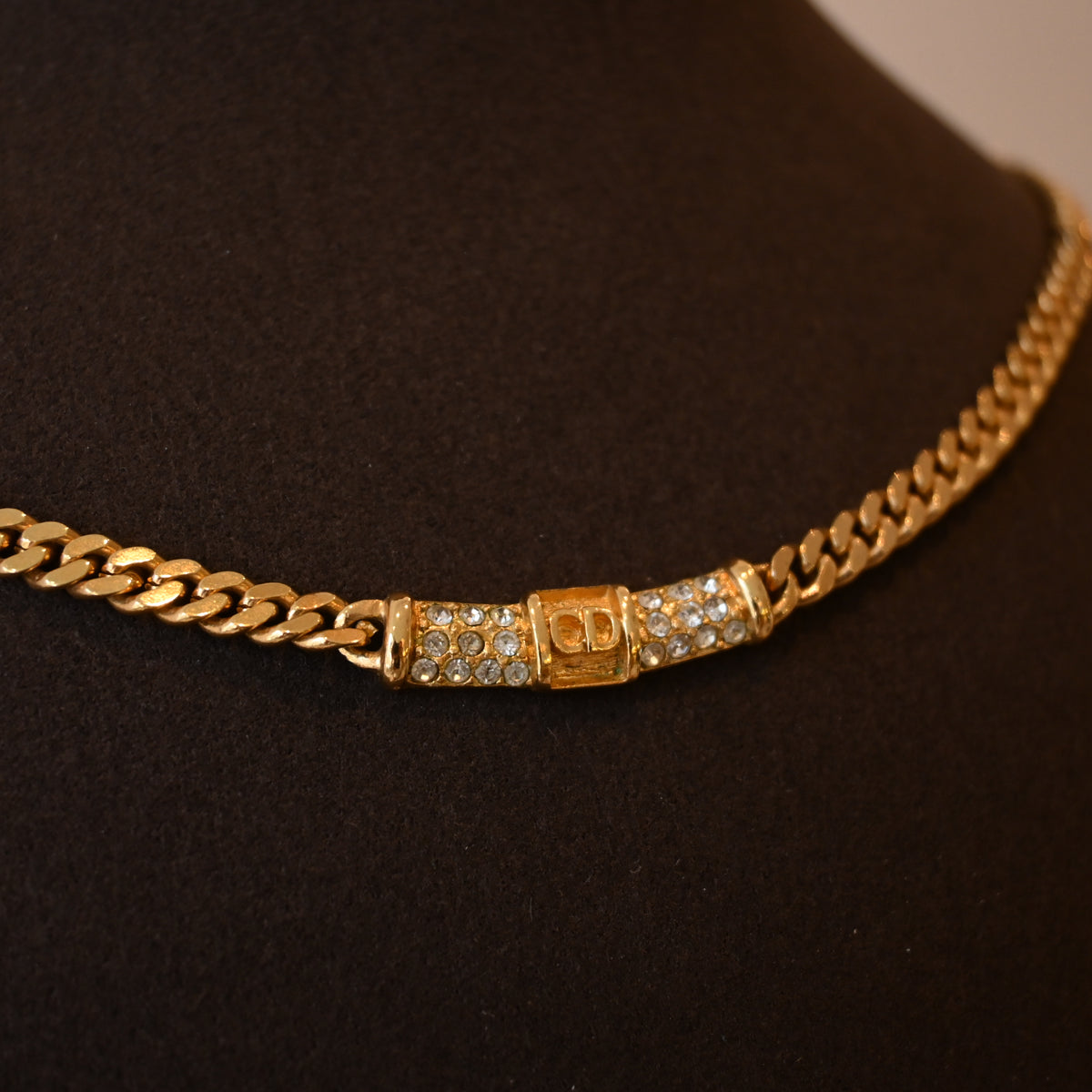 Christian Dior Cuban Link CD Necklace with Rhinestones