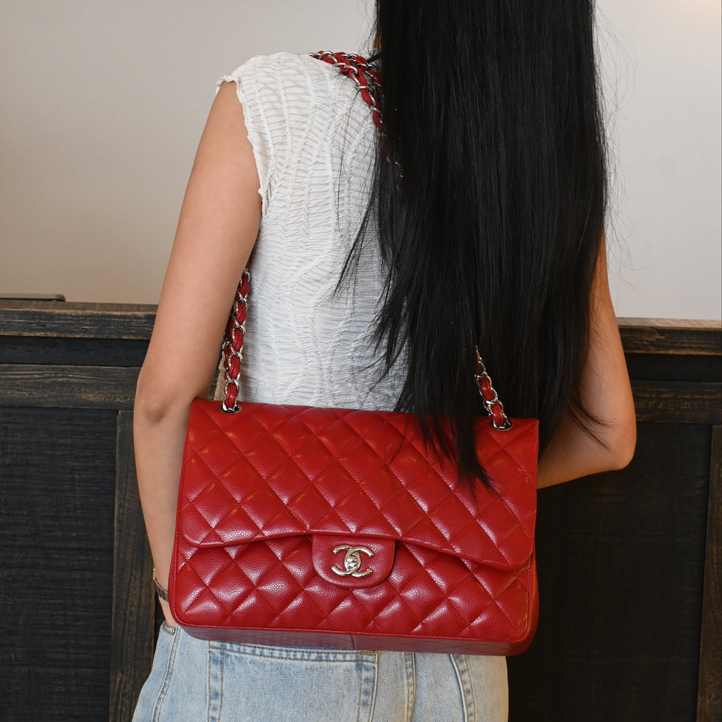 Chanel Red Caviar Quilted Classic Double Flap Jumbo Bag SHW