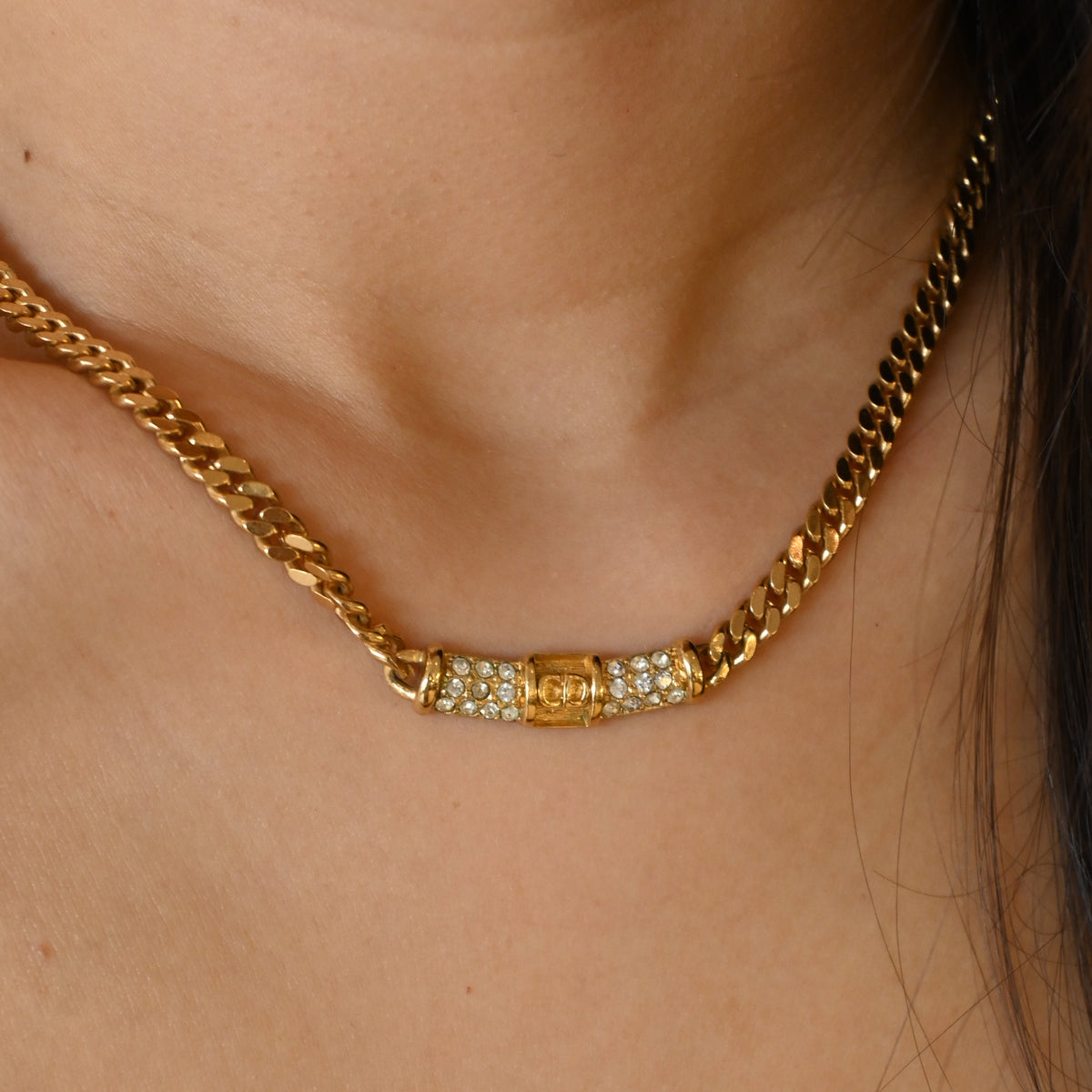 Christian Dior Cuban Link CD Necklace with Rhinestones