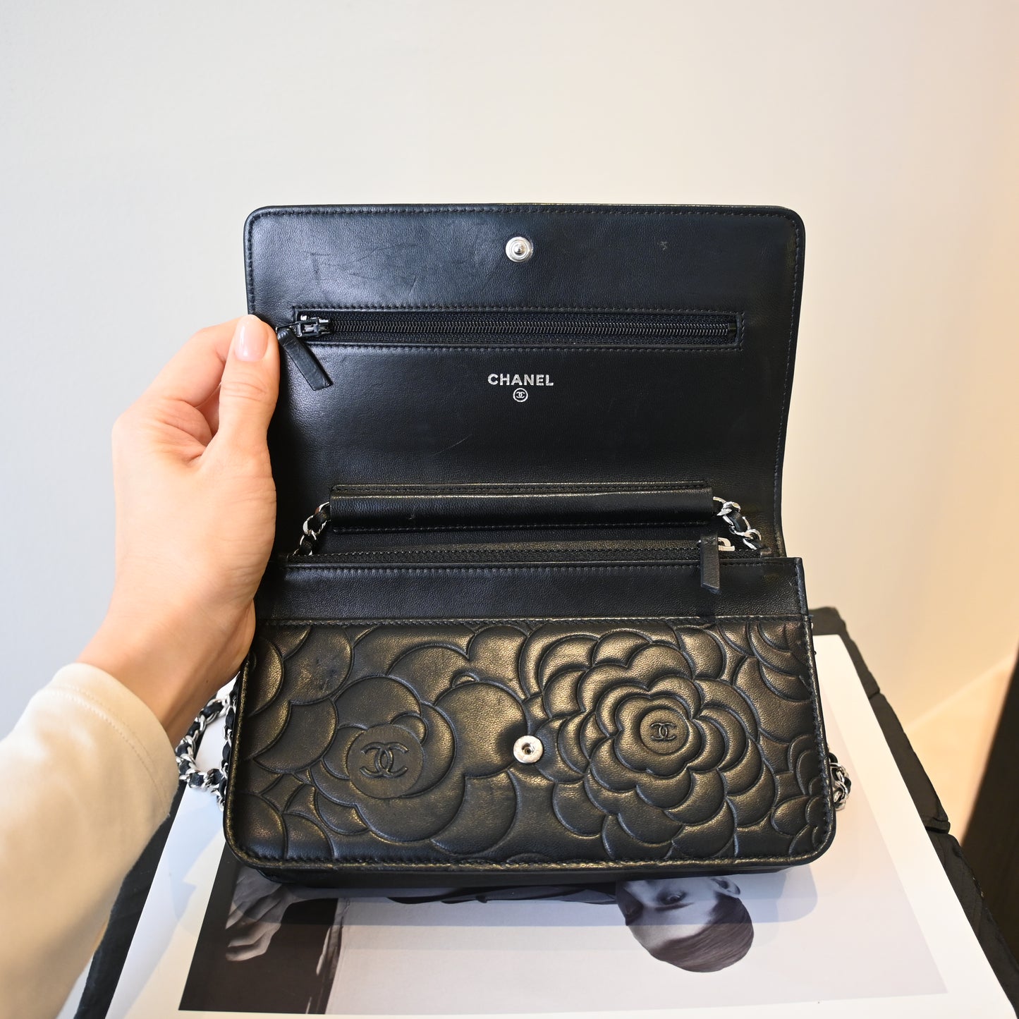 Chanel Camellia Embossed WOC Lambskin