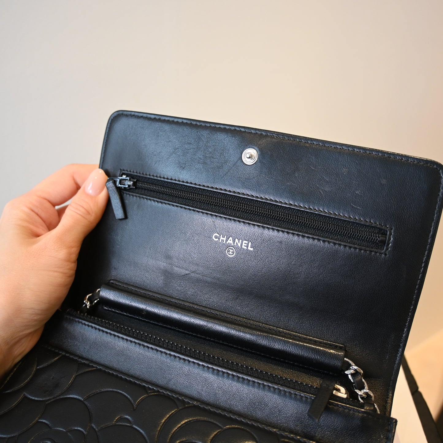 Chanel Camellia Embossed WOC Lambskin