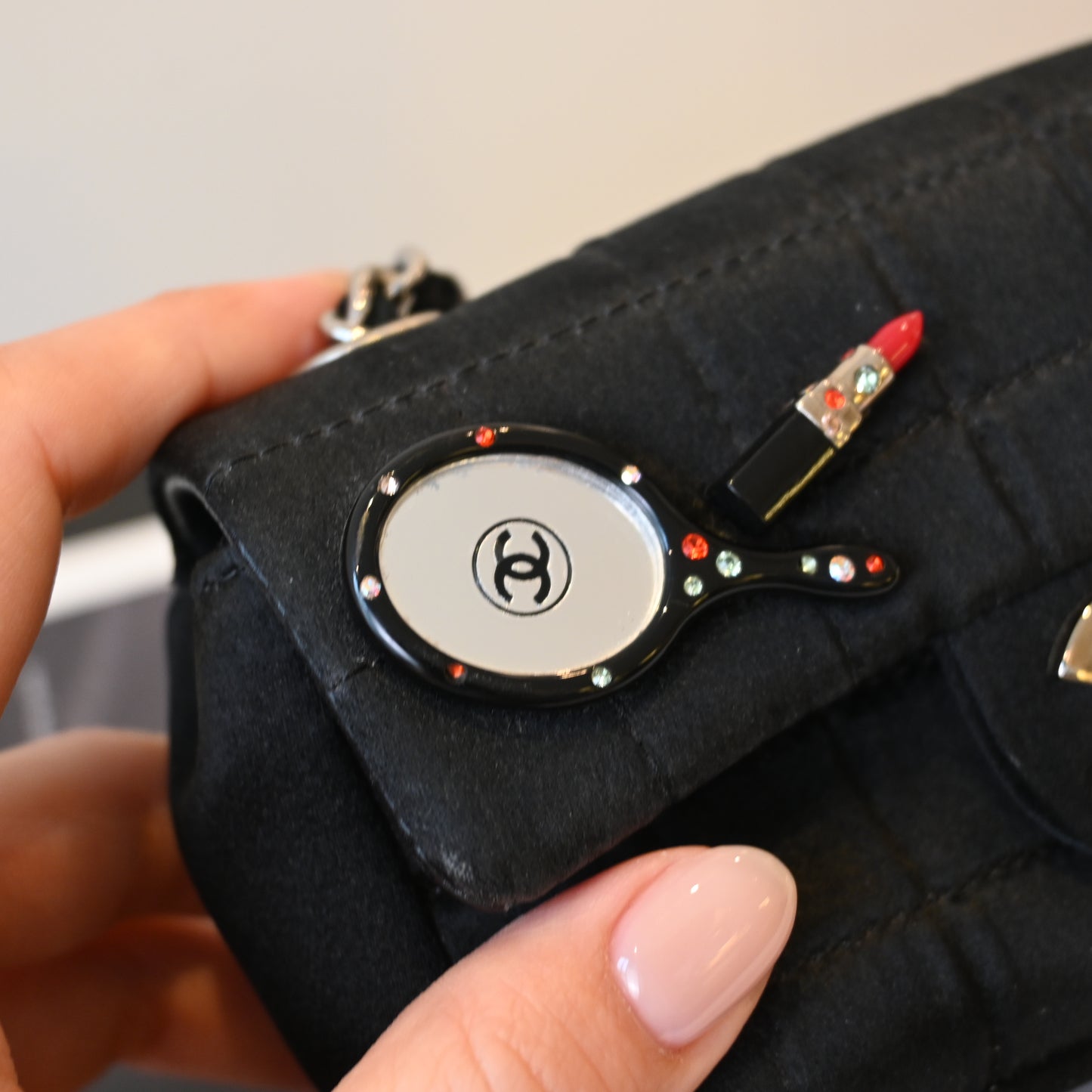 Chanel Satin Mini Lipstick & Mirror Micro Chocolate Bar Bag