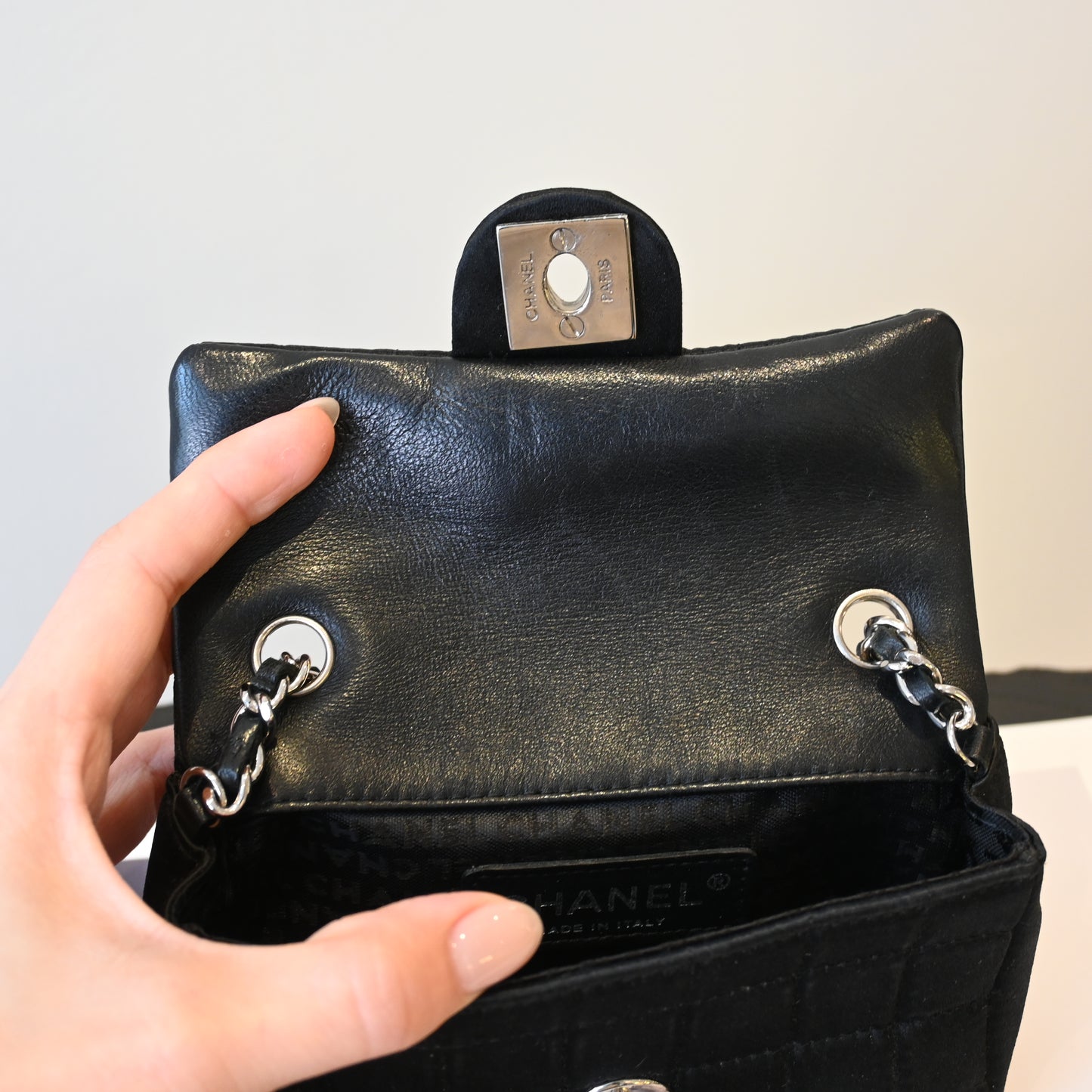Chanel Satin Mini Lipstick & Mirror Micro Chocolate Bar Bag